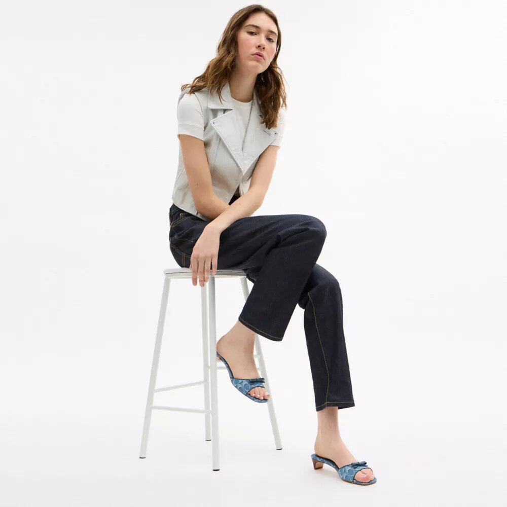 Bow Kitten Heel Sandal in Signature Denim