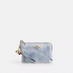 Corner Zip Wristlet in Loved Denim with Charms