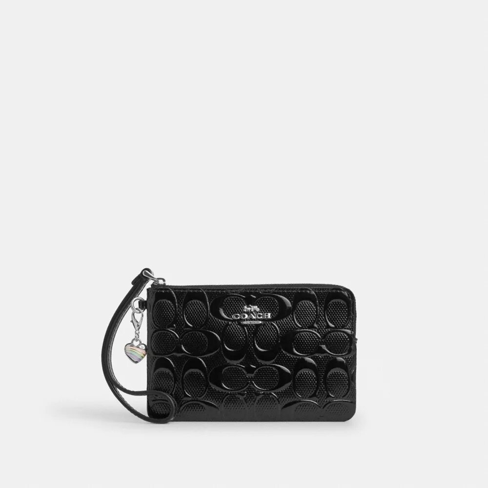 Corner Zip Wristlet in Signature Leather with Heart Charm