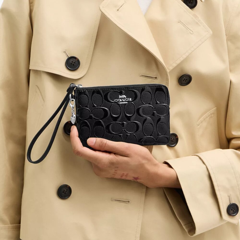 Corner Zip Wristlet in Signature Leather with Heart Charm