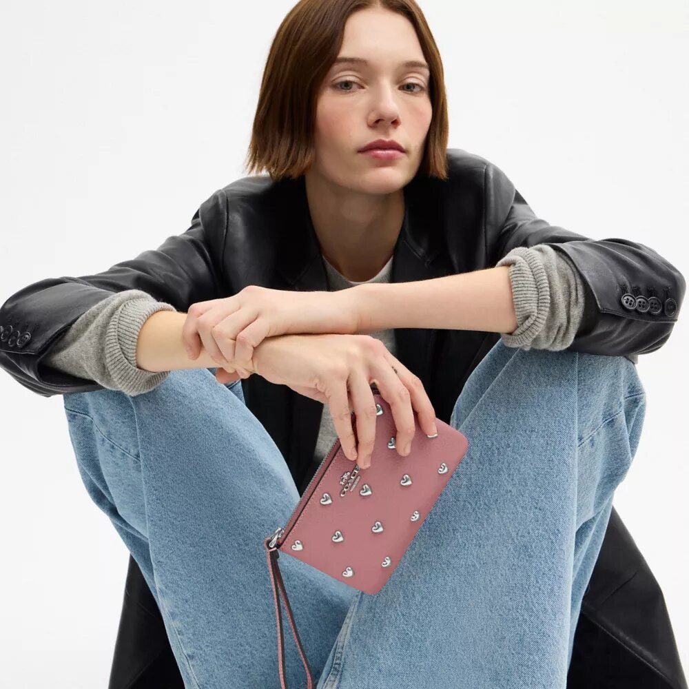 Corner Zip Wristlet with Heart Rivets