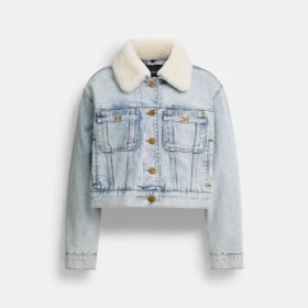 Cropped Heritage C Denim Trucker Jacket in Organic Cotton with Shearling Collar