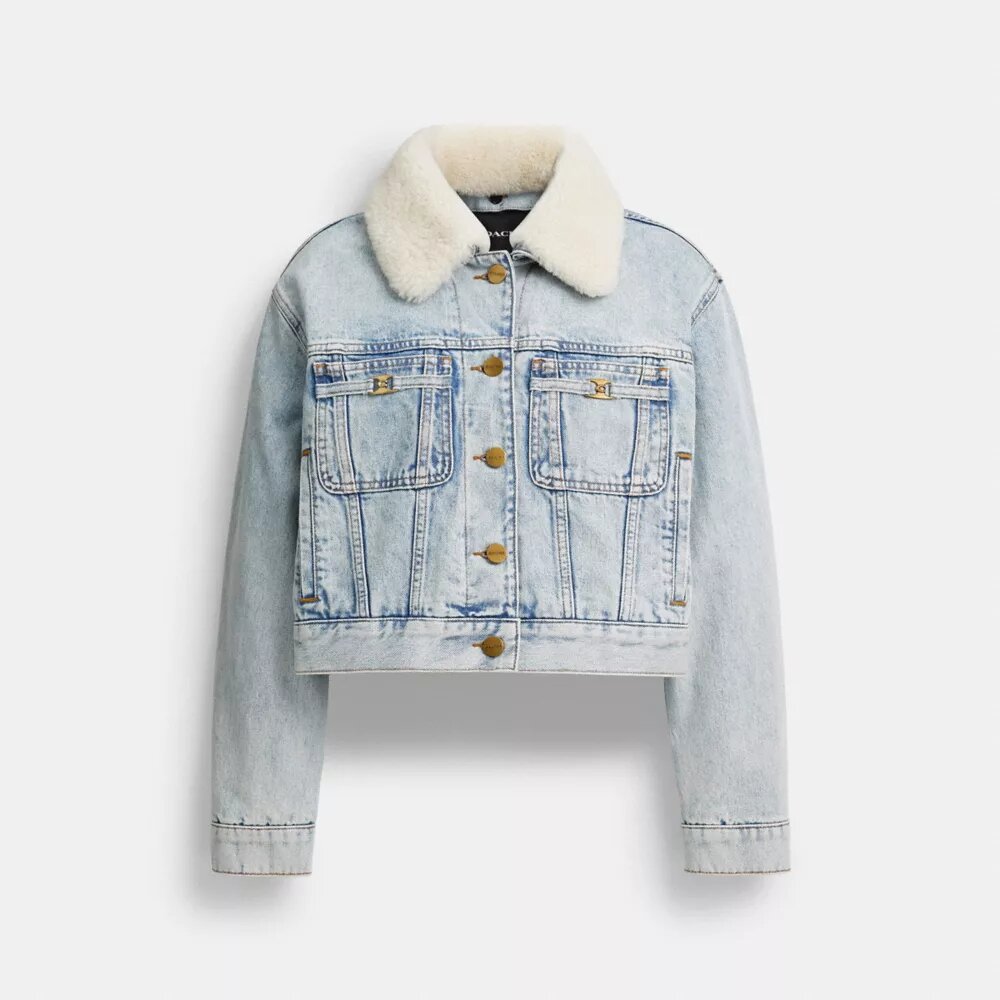 Cropped Heritage C Denim Trucker Jacket in Organic Cotton with Shearling Collar