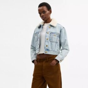 Cropped Heritage C Denim Trucker Jacket in Organic Cotton with Shearling Collar