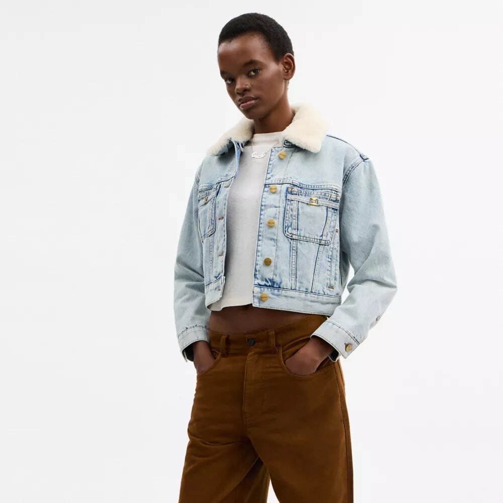 Cropped Heritage C Denim Trucker Jacket in Organic Cotton with Shearling Collar