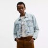 Cropped Heritage C Denim Trucker Jacket in Organic Cotton with Shearling Collar