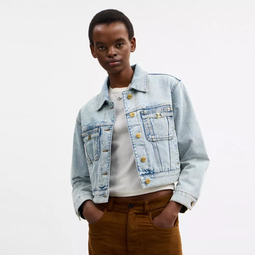 Cropped Heritage C Denim Trucker Jacket in Organic Cotton with Shearling Collar