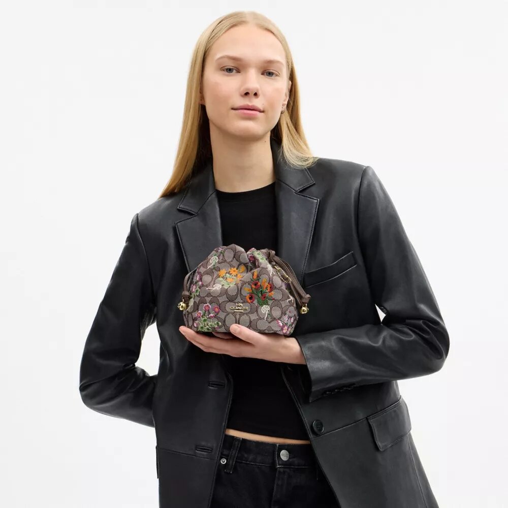 Faye Mini Drawstring Bag in Signature Jacquard with Floral Embroidery