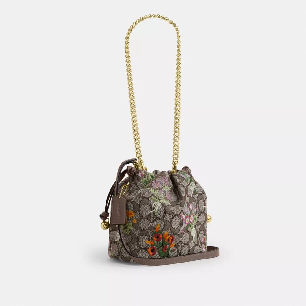 Faye Mini Drawstring Bag in Signature Jacquard with Floral Embroidery