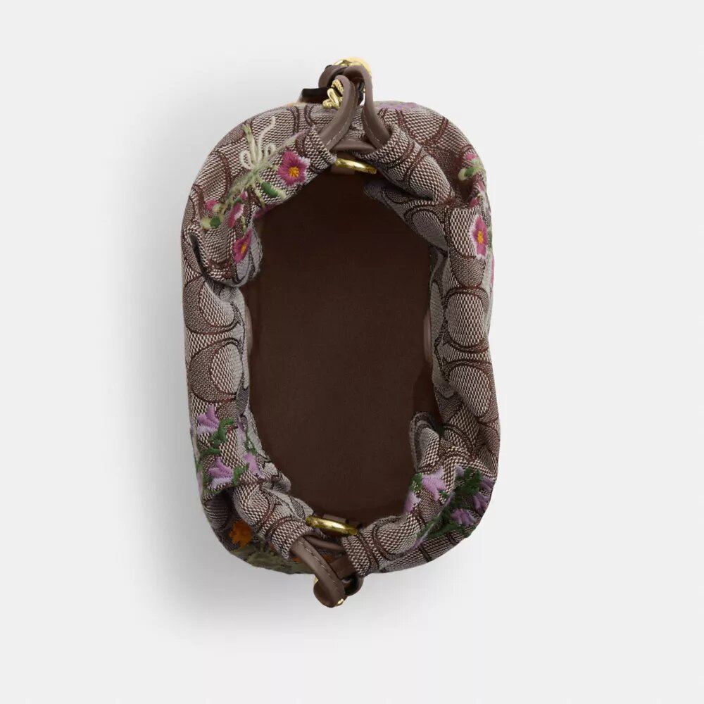 Faye Mini Drawstring Bag in Signature Jacquard with Floral Embroidery