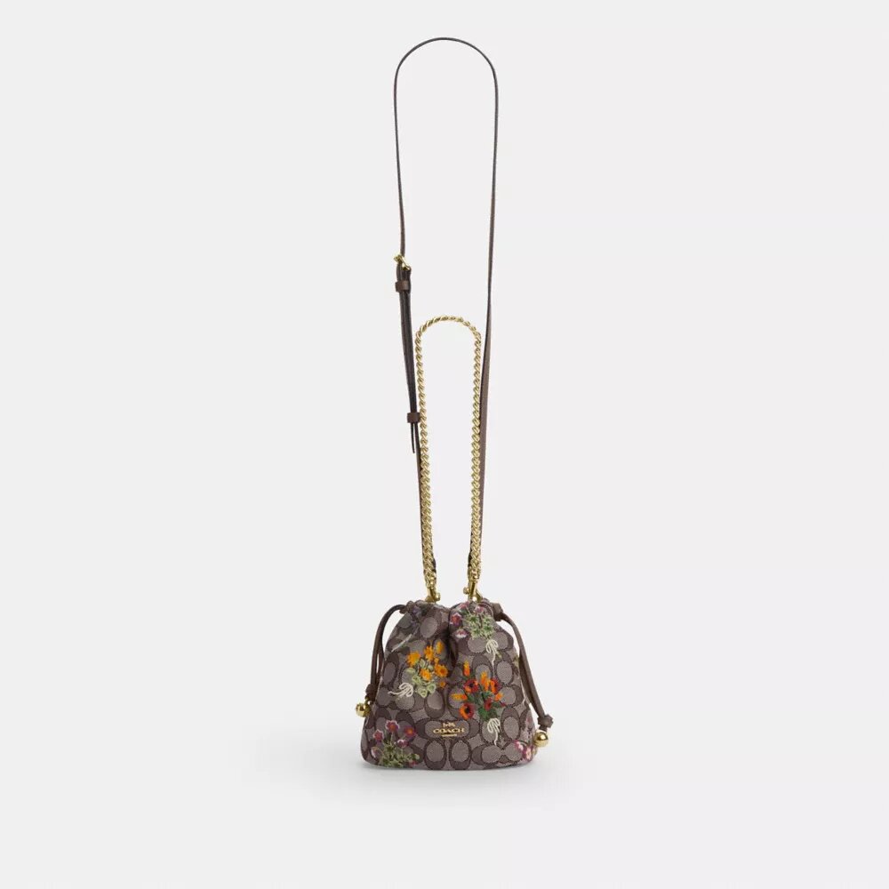 Faye Mini Drawstring Bag in Signature Jacquard with Floral Embroidery