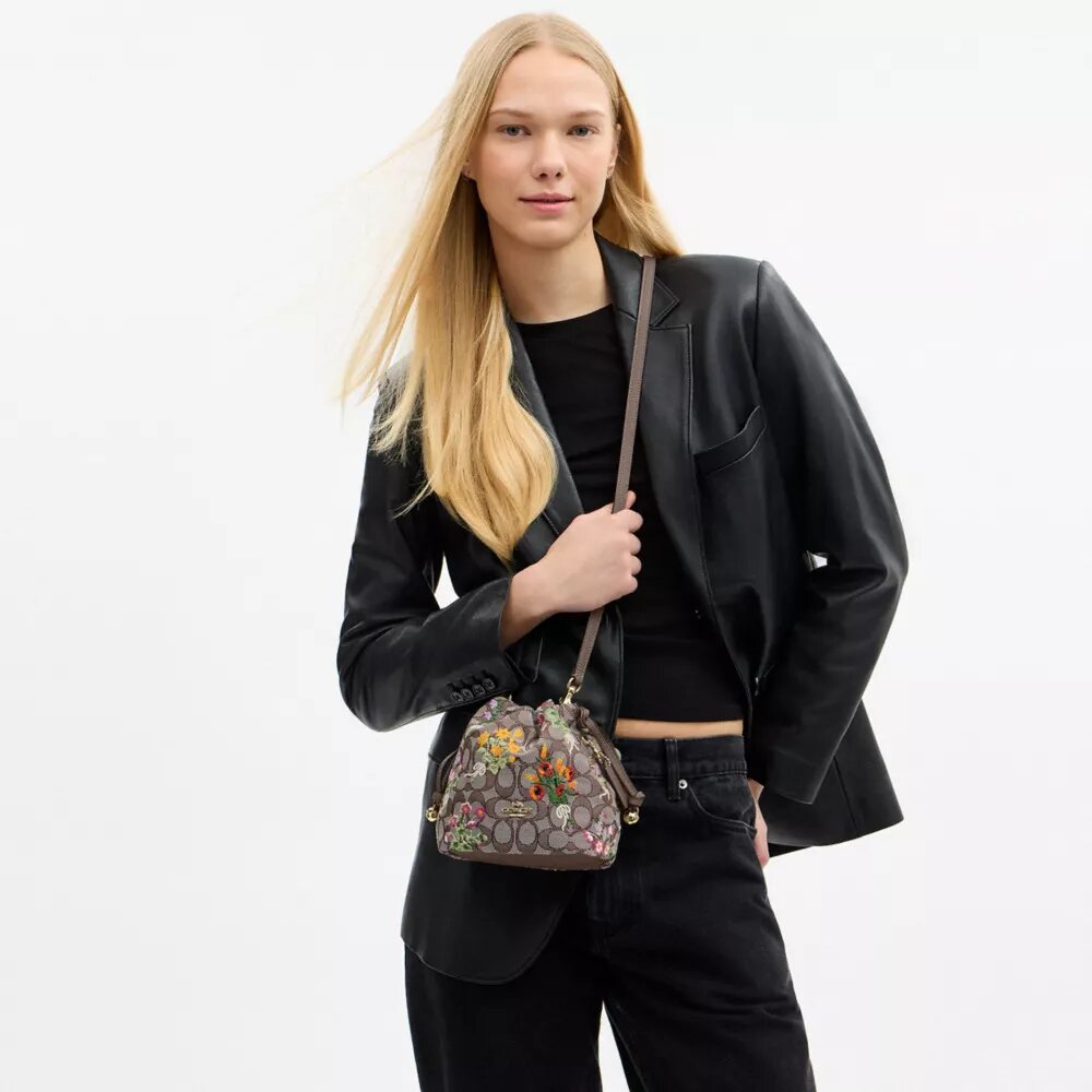Faye Mini Drawstring Bag in Signature Jacquard with Floral Embroidery