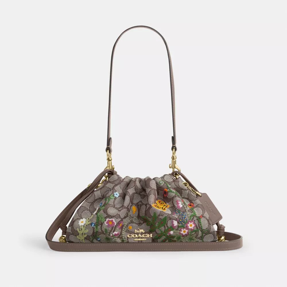 Faye Shoulder Bag in Signature Jacquard with Floral Embroidery