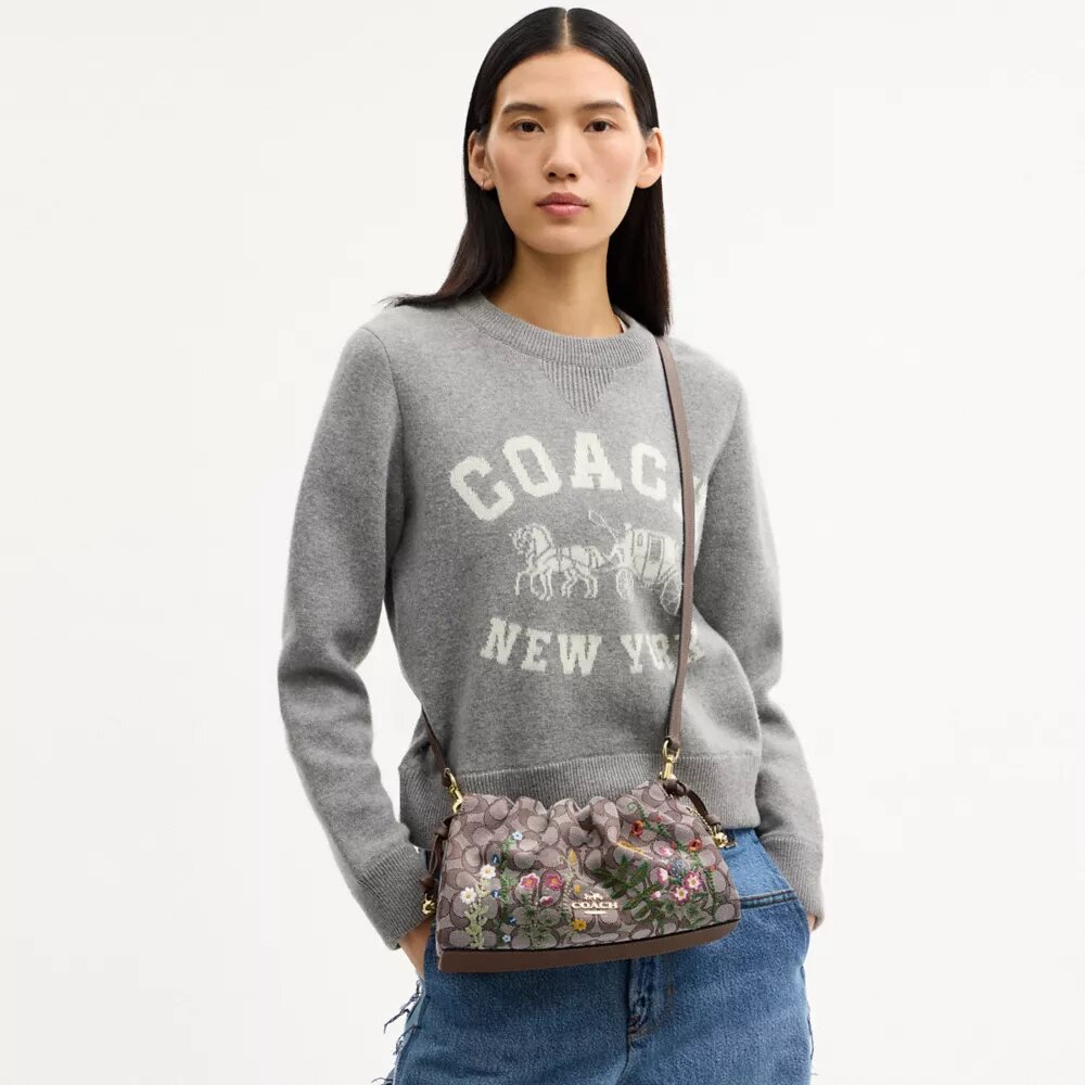 Faye Shoulder Bag in Signature Jacquard with Floral Embroidery