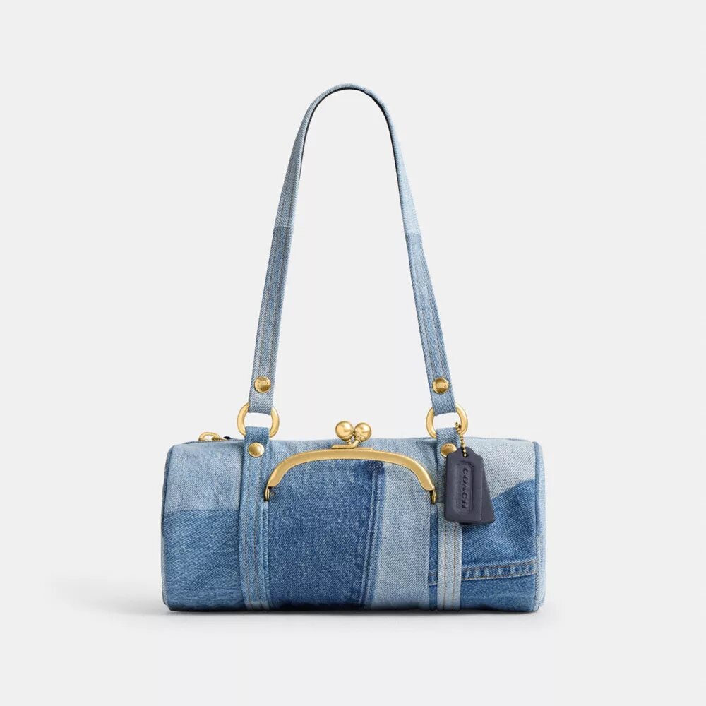 Kisslock Barrel Bag 28 in Repurposed Denim