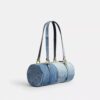Kisslock Barrel Bag 28 in Repurposed Denim