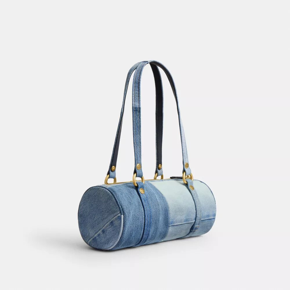 Kisslock Barrel Bag 28 in Repurposed Denim