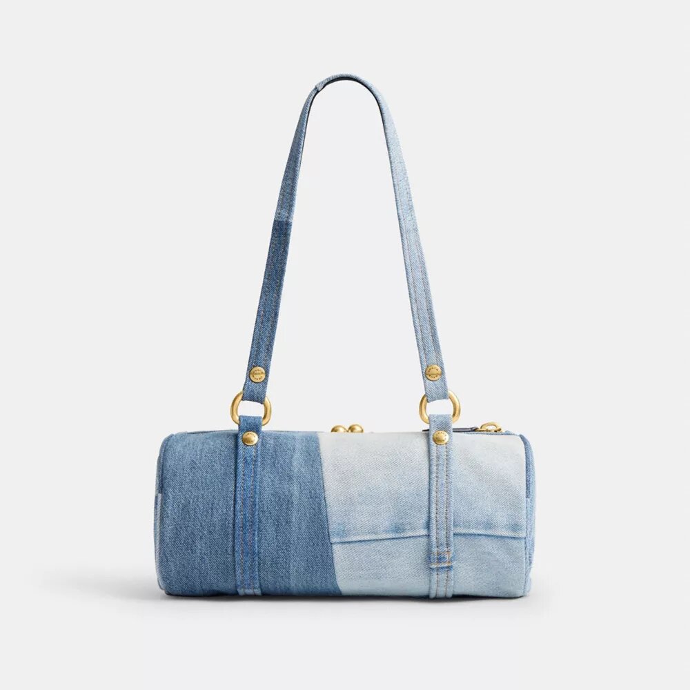 Kisslock Barrel Bag 28 in Repurposed Denim