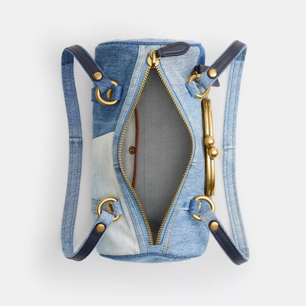Kisslock Barrel Bag 28 in Repurposed Denim