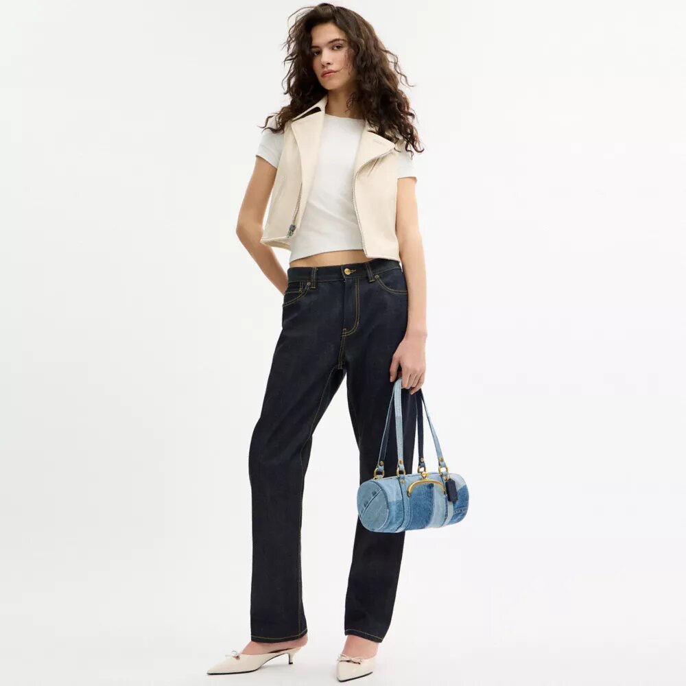 Kisslock Barrel Bag 28 in Repurposed Denim