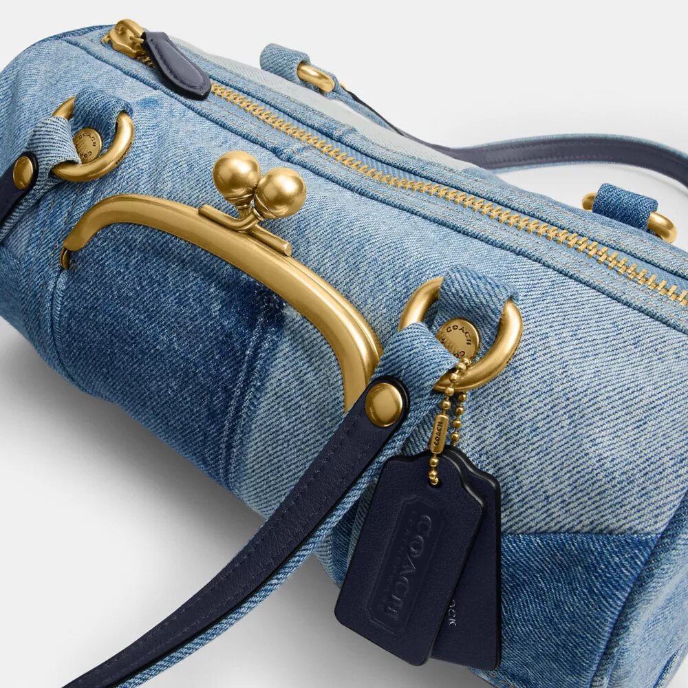 Kisslock Barrel Bag 28 in Repurposed Denim