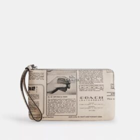 Large Corner Zip Wristlet with Newspaper Print