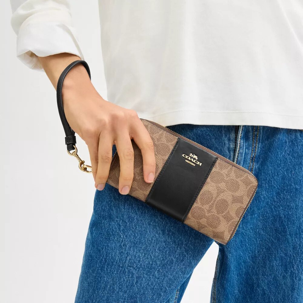 Long Zip Around Wallet in Signature Canvas with Stripe