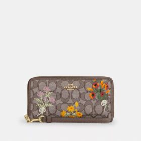 Long Zip Around Wallet in Signature Jacquard with Floral Embroidery