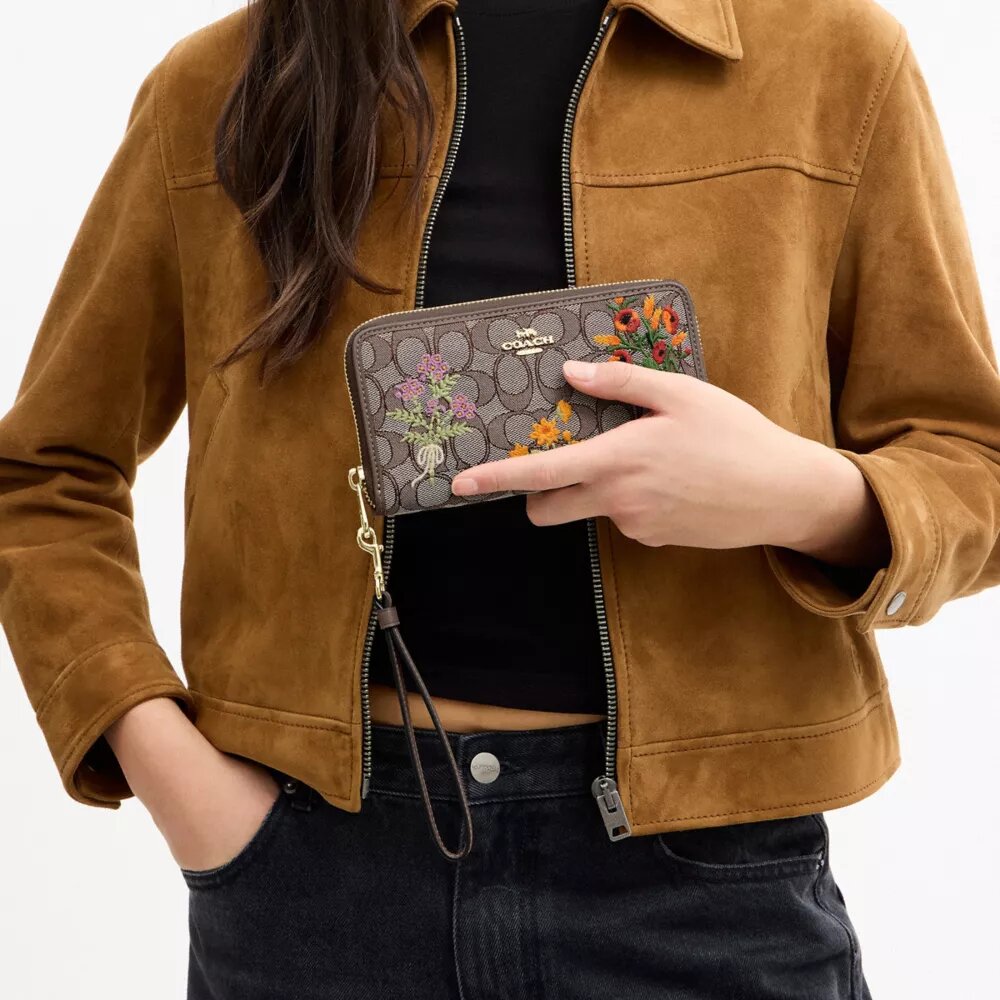 Long Zip Around Wallet in Signature Jacquard with Floral Embroidery