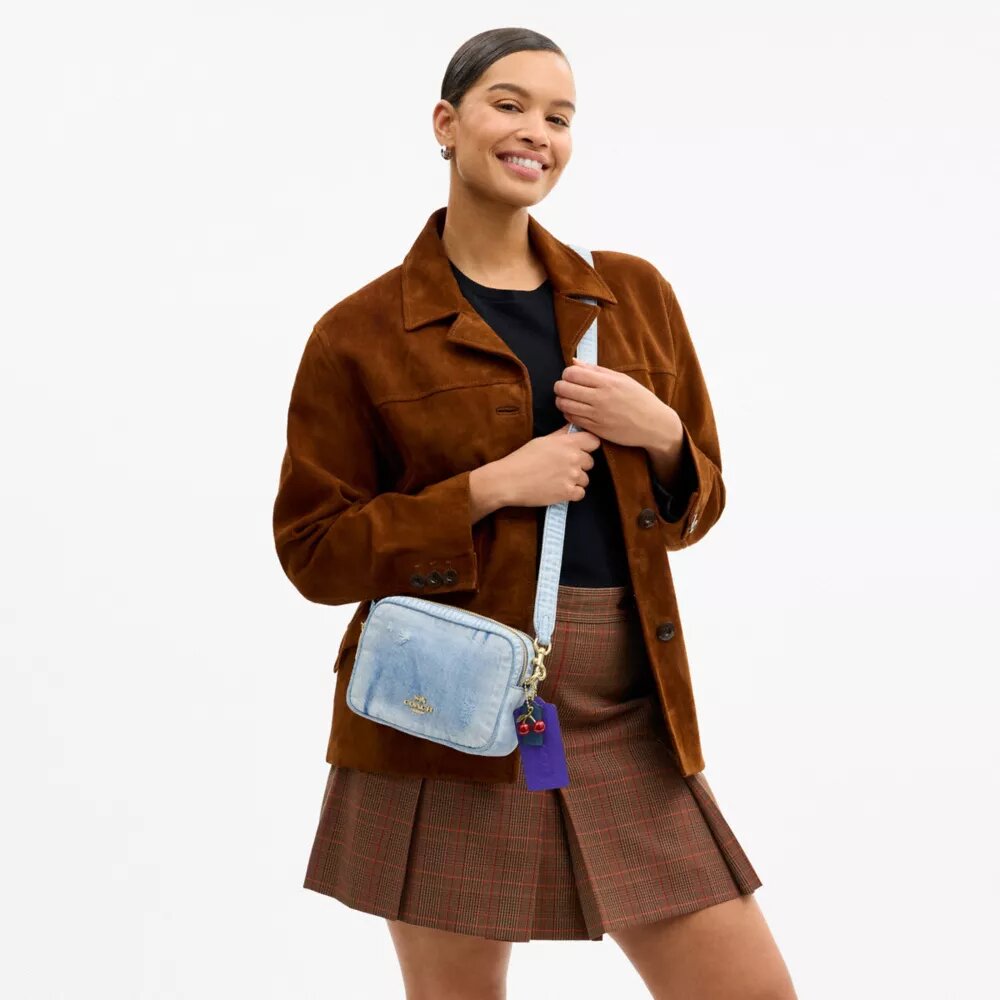 Mini Carey Crossbody Bag in Loved Denim with Charms