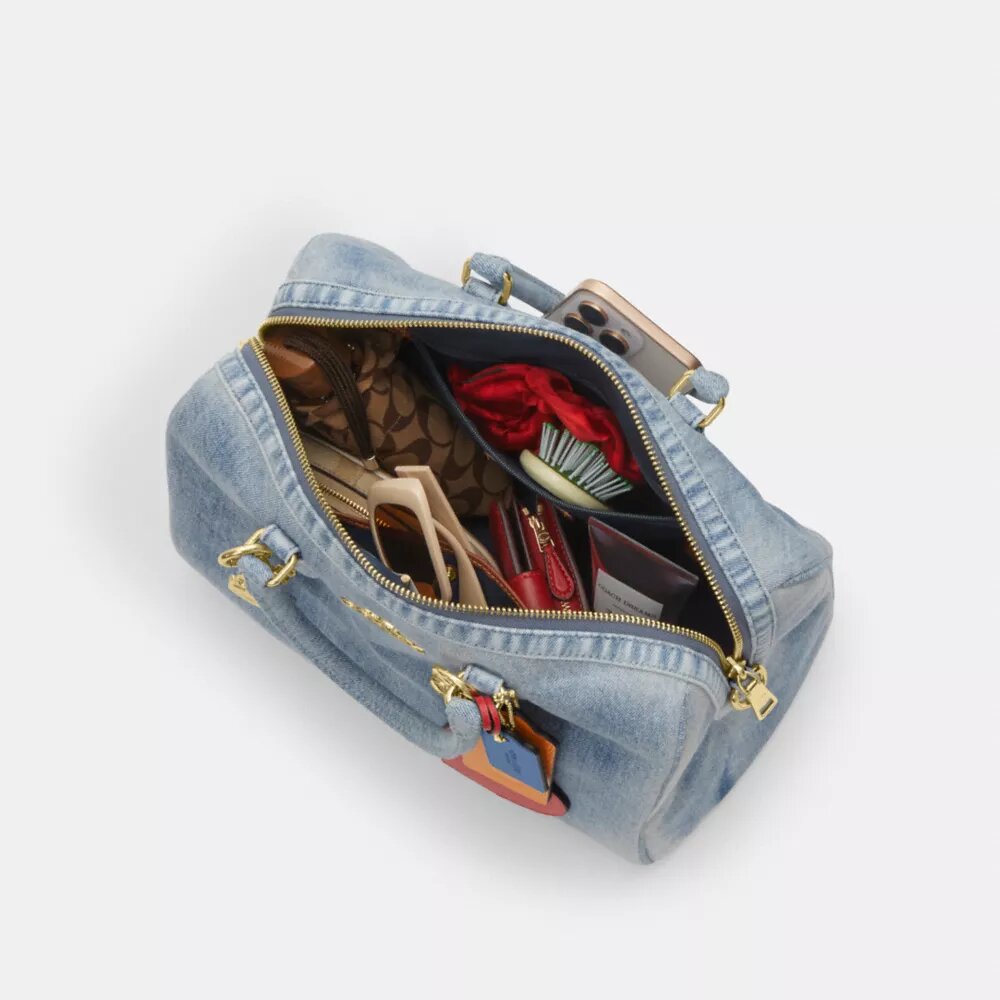 Rowan Large Satchel Bag in Loved Denim with Charms