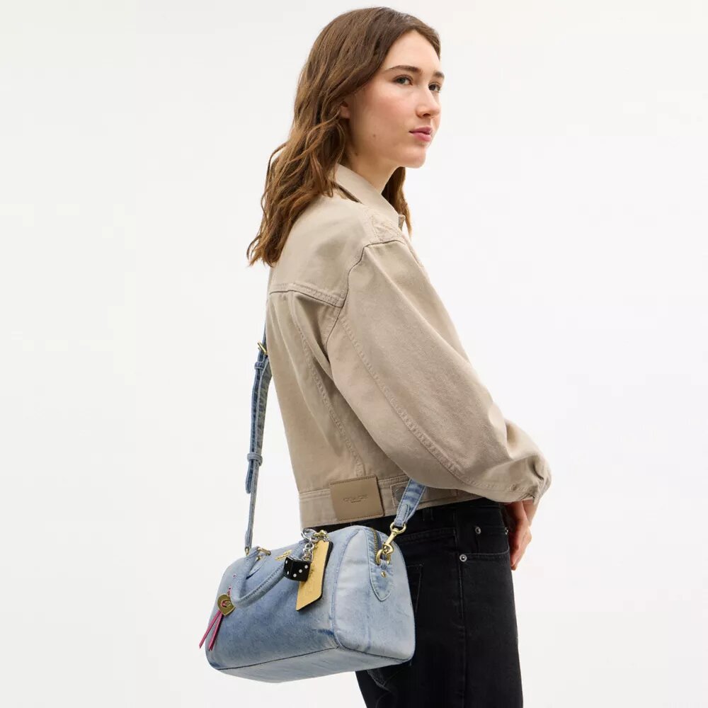 Rowan Satchel Bag in Loved Denim with Charms