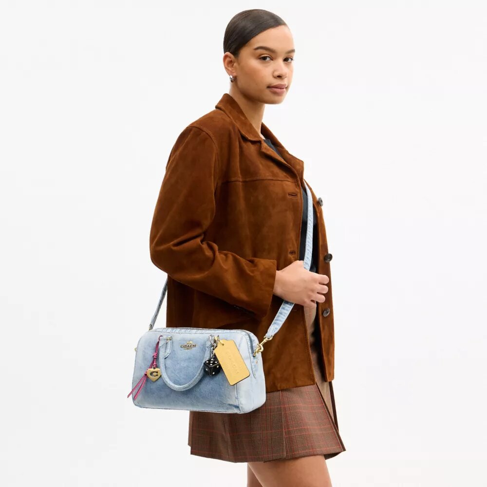 Rowan Satchel Bag in Loved Denim with Charms