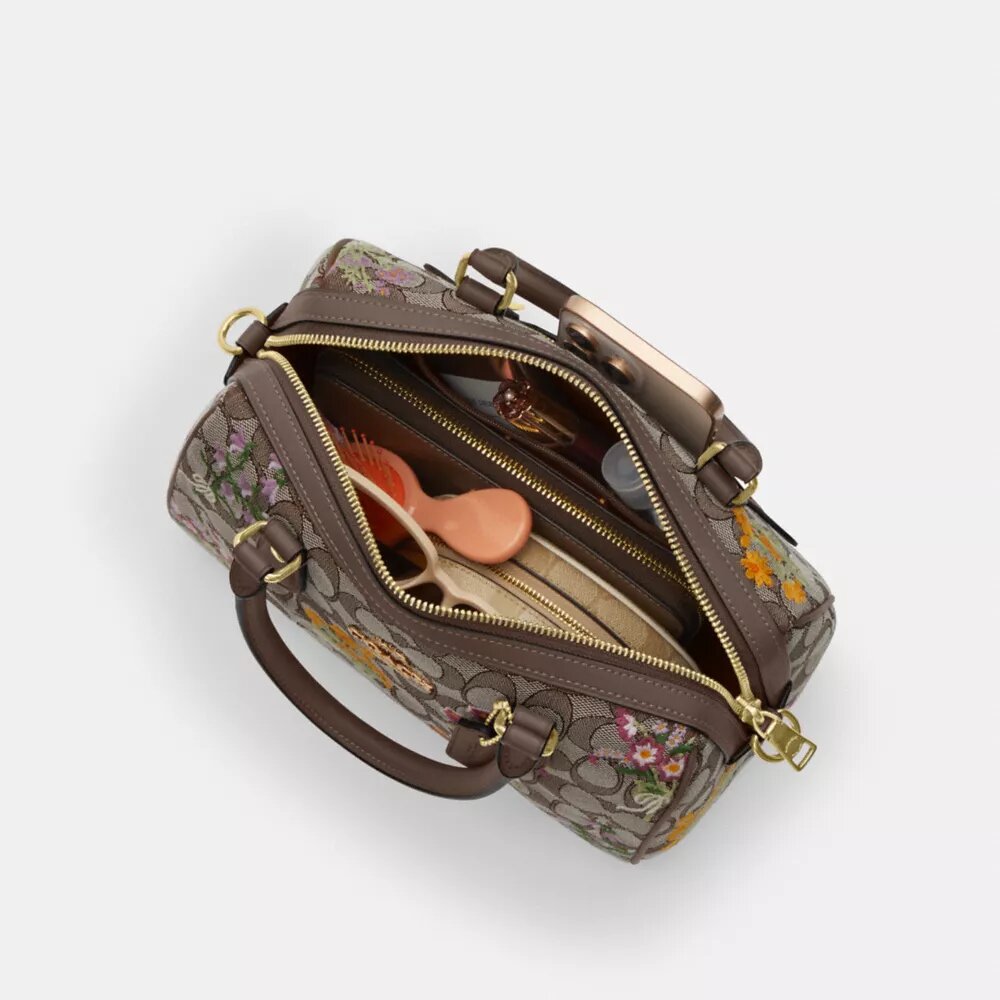 Rowan Satchel Bag in Signature Jacquard with Floral Embroidery