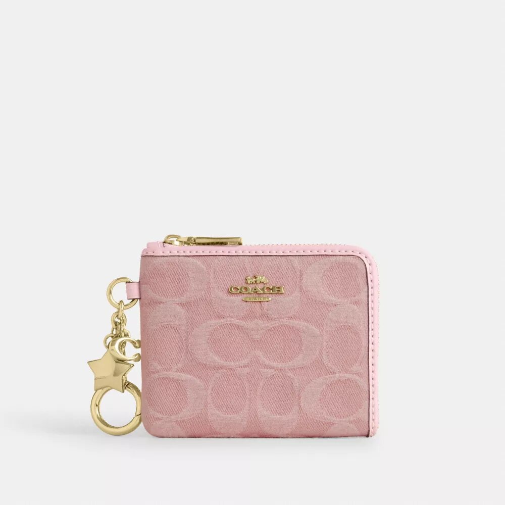 Small Corner Zip Wallet in Signature Denim with Charms