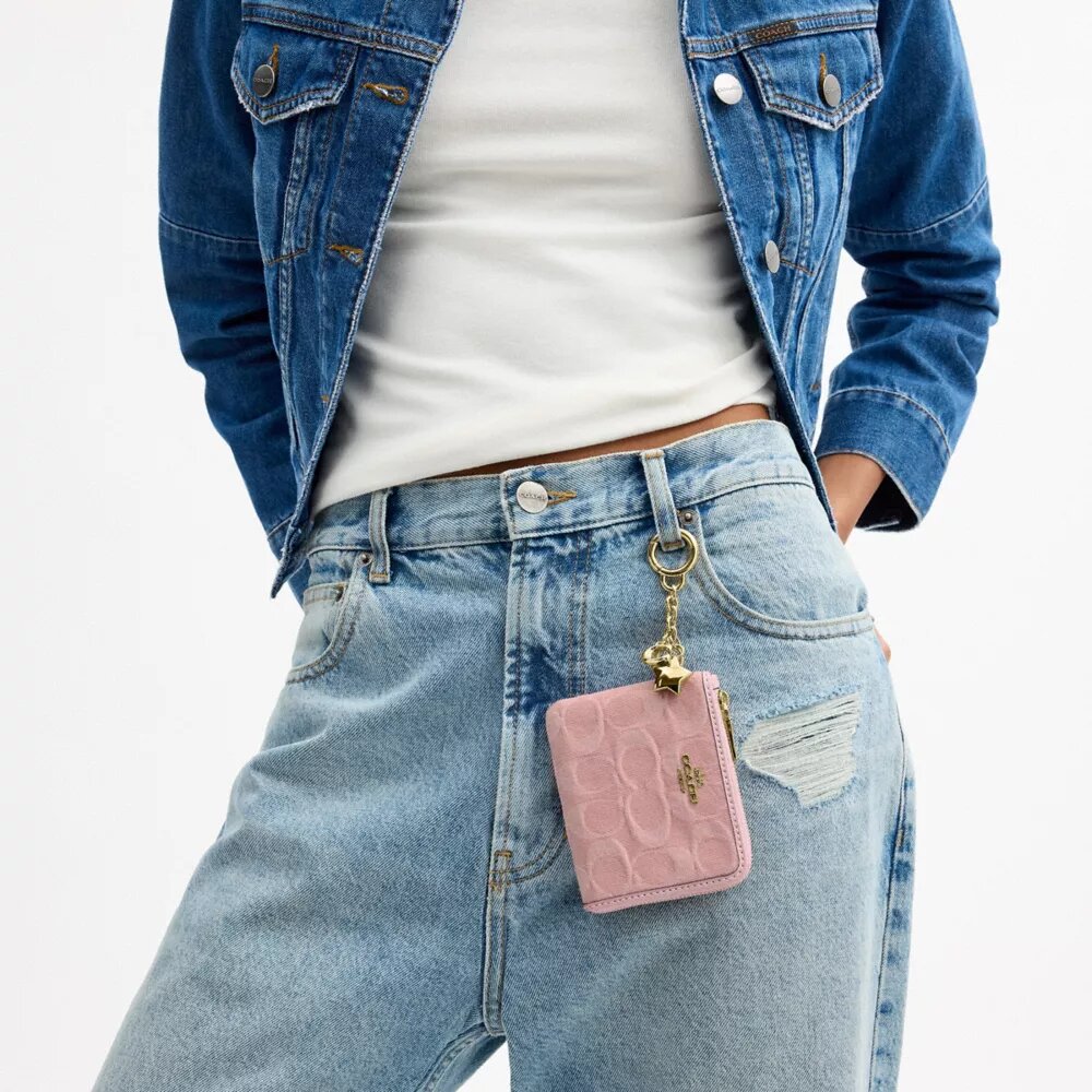 Small Corner Zip Wallet in Signature Denim with Charms