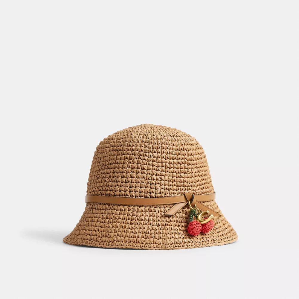 Straw Bucket Hat with Cherry Detail